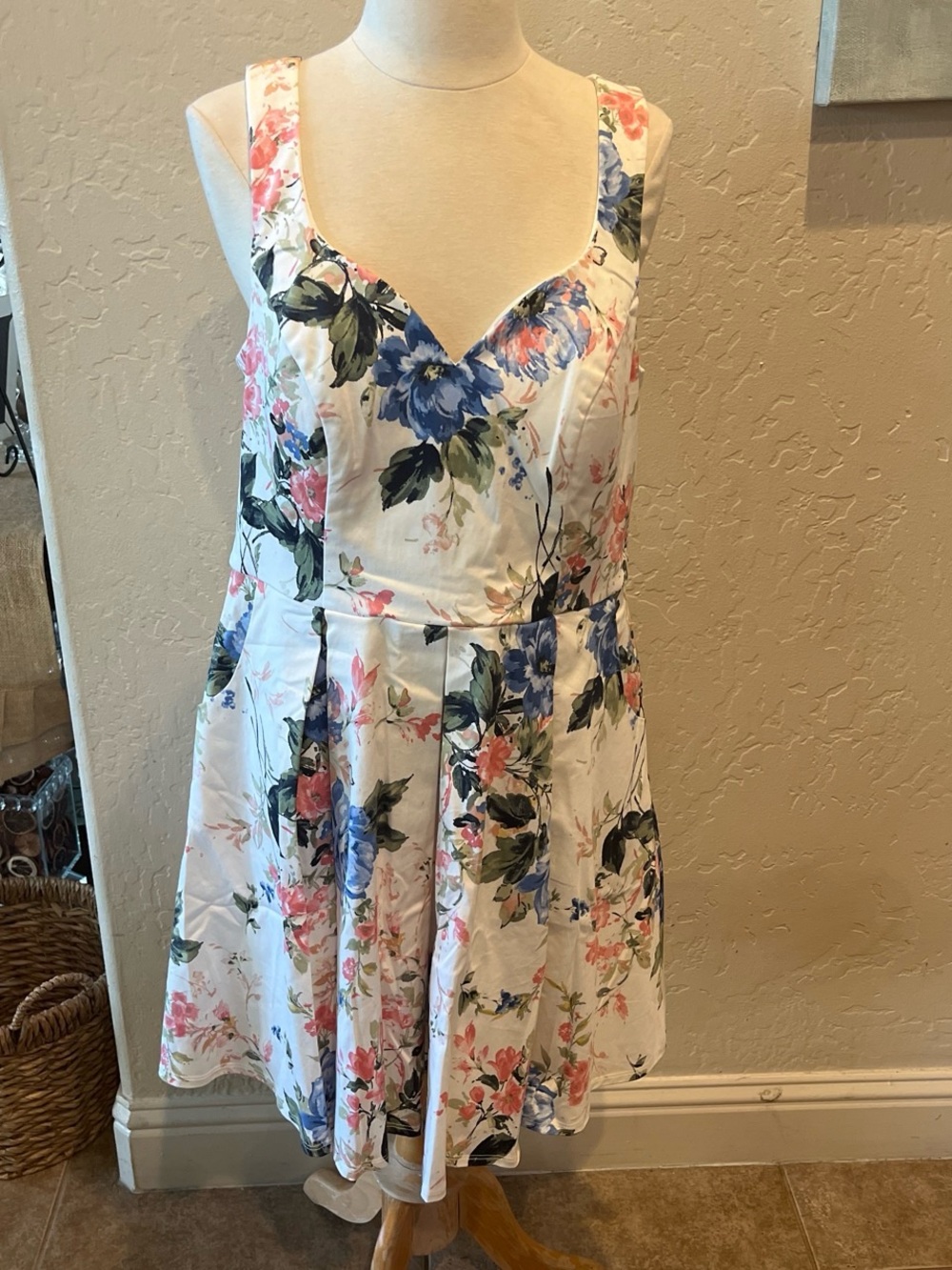Floral Fit & Flare Sundress in White with Blue and Pink Blooms